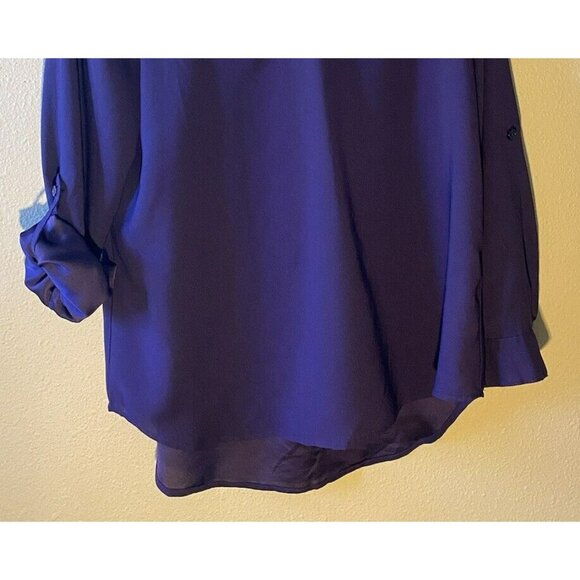 COPY - Chico's Blouse 1/Medium Purple Satin Trim V-Neck Long Roll Tab Sleeve Sh… - Picture 3 of 9